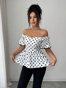 Elenzga 法式波点设计感短袖衬衫，女士性感露肩A字荷叶边单肩上衣，适合日常外出、假日约会 - 彩色 - 查看 6