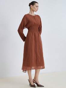 Aveloria Modichic Fashionable Design Sense Versatile Casual Commute Cinched Waist Solid Color Long Sleeve Dress - Coffee - View 2