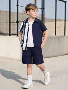 SHEIN Vacaura Tween Boy Striped Print Shirt & Shorts Without Tee Summer Holiday - Navy Blue - View 2