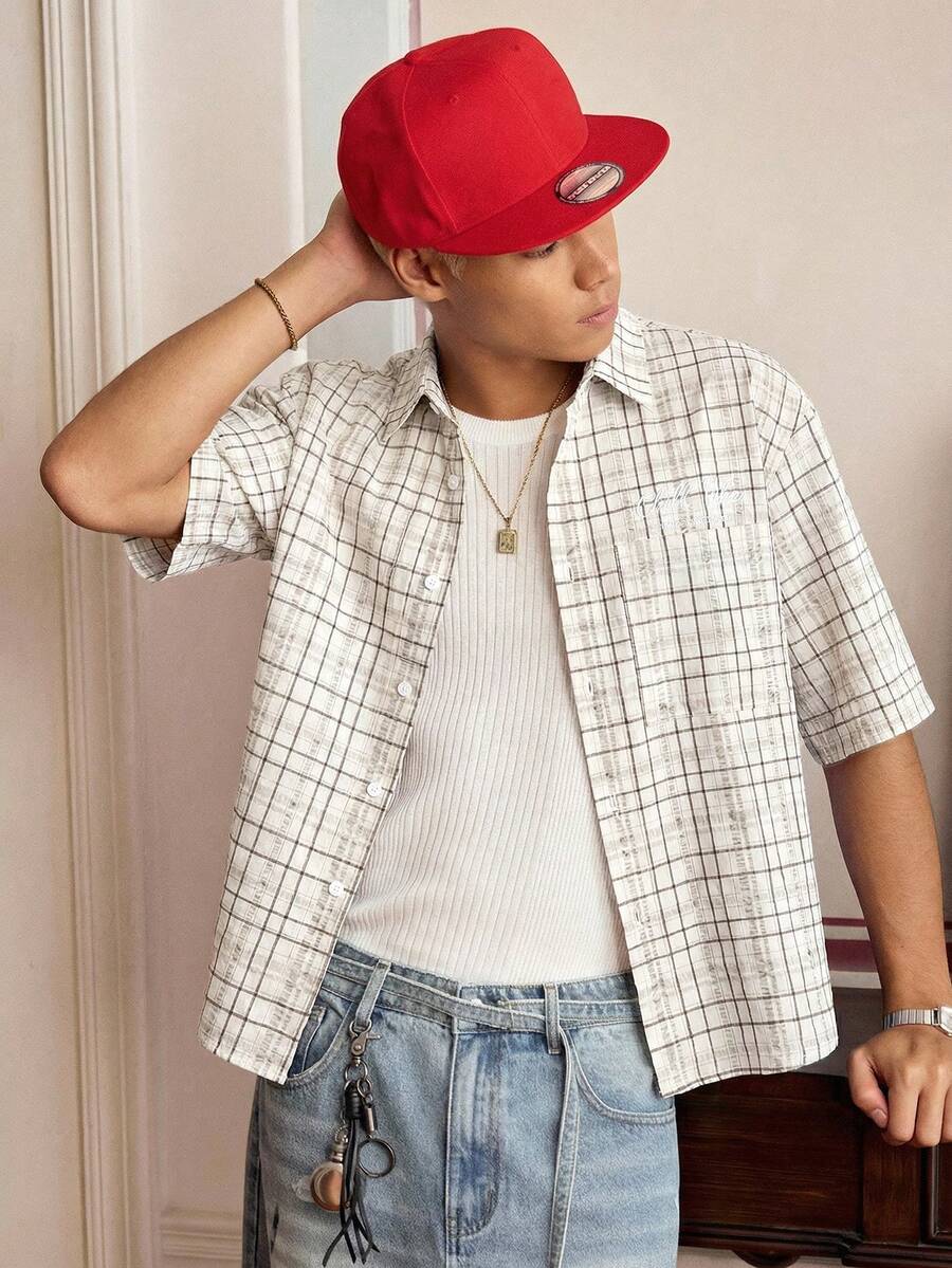 SWAVVY 男士休闲格子衬衫，适合校园、约会、家庭聚会、日常穿着，夏季皆宜 - 杏色 - 查看 1