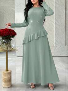 Feyla Vestido elegante de mujer con volantes y adornos de strass, otoño - Verde - Ver 5