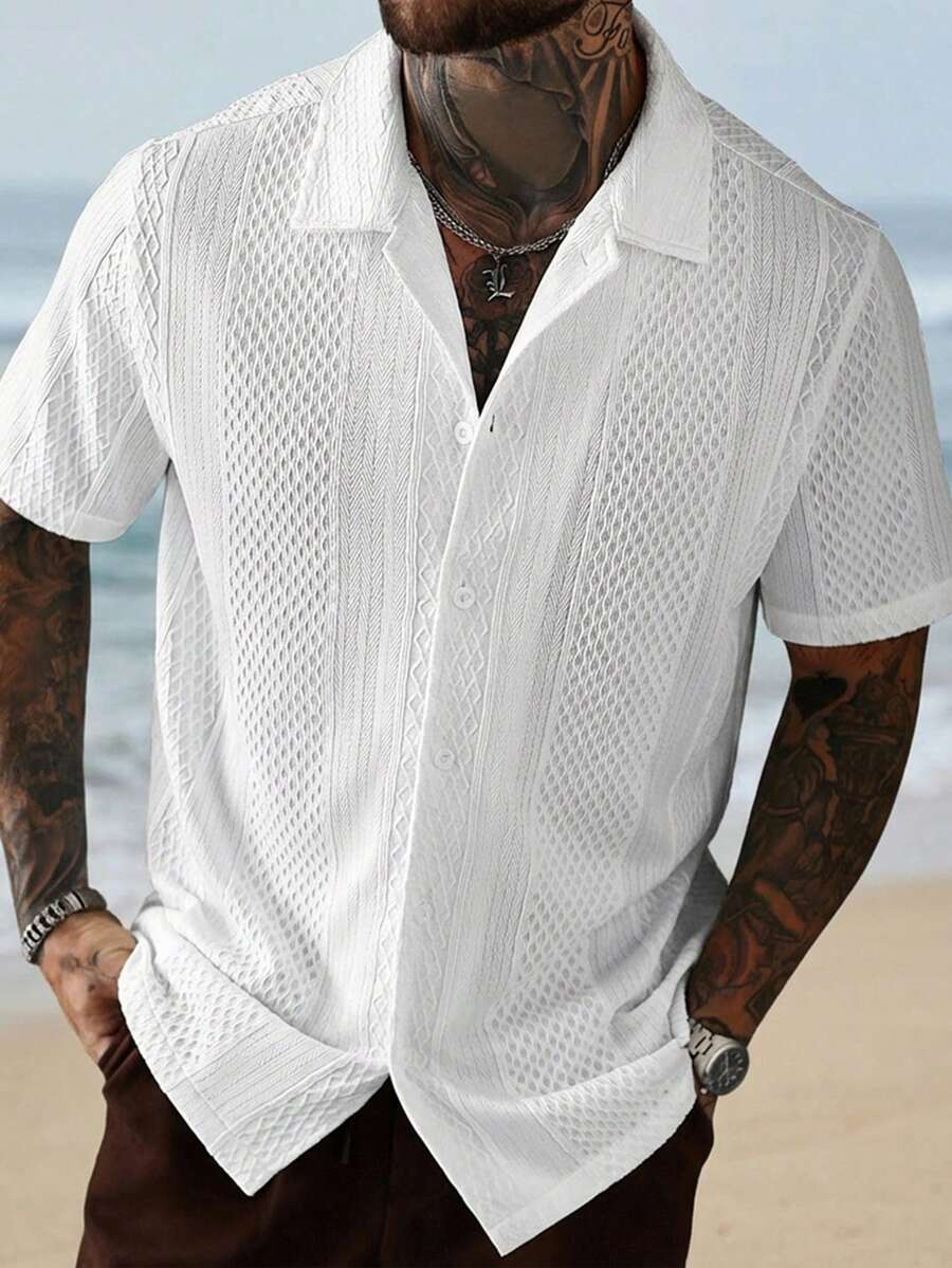 VENTUSAIL Men's Solid Color Jacquard Knit Short Sleeve Shirt - White - View 1