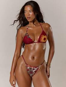 MUSERA 精致印花比基尼泳裤，适合夏季伊比沙岛度假，优雅可爱，海滩节日狂欢波西米亚风，夏日风情 - 酒紅色 - 查看 1