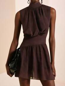 Zivah 2026 Spring/Summer New Arrival Music Festival, Easter, St. Patrick's Day, Valentine's Day, Date, Western, Nomadic, Birthday Party, Graduation, College Style, Student, Daily Casual, Basic Versatile, Leisure, Vacation, Cruise Travel, Beach, Sunbathing, Viral , Streetwear, Wedding Guest Boho, Commute, Brunch, Airport, Party, Holiday Outing, Office Wear Brown Sleeveless V-Neck Chiffon A-Line Ruffle Waist Dress - Brown - View 1