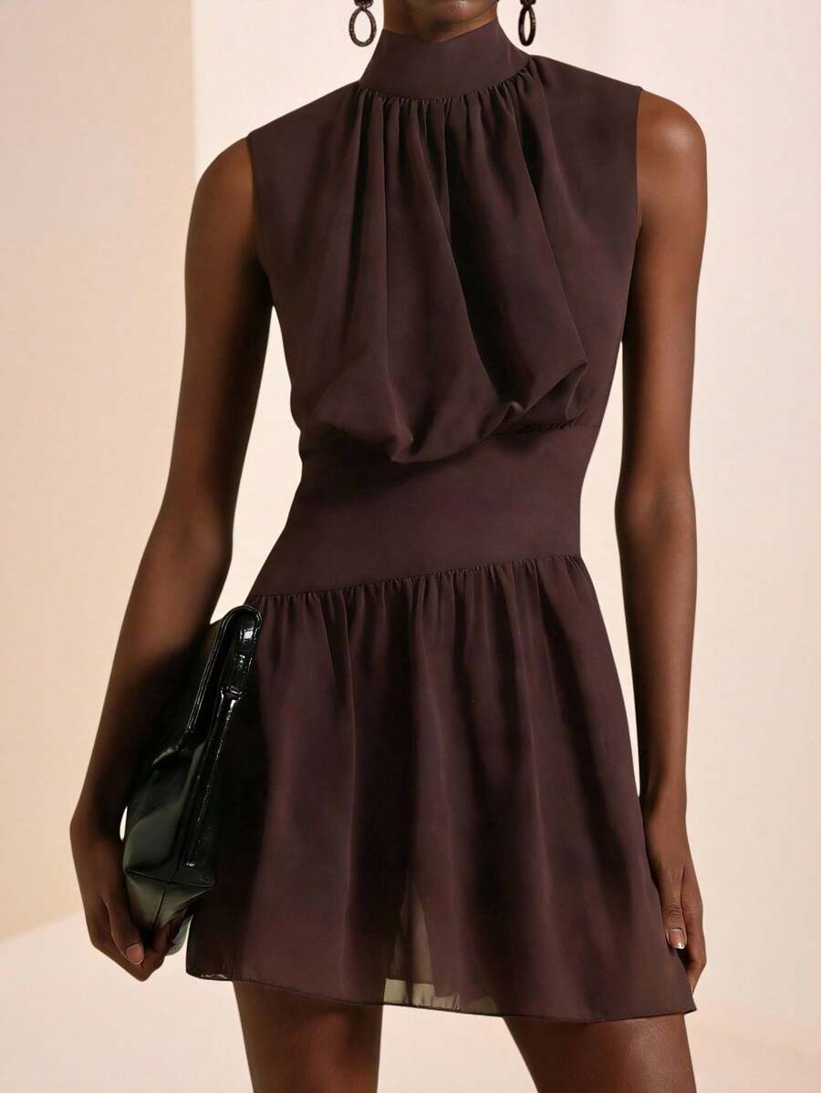 Zivah 2026 Spring/Summer New Arrival Music Festival, Easter, St. Patrick's Day, Valentine's Day, Date, Western, Nomadic, Birthday Party, Graduation, College Style, Student, Daily Casual, Basic Versatile, Leisure, Vacation, Cruise Travel, Beach, Sunbathing, Viral , Streetwear, Wedding Guest Boho, Commute, Brunch, Airport, Party, Holiday Outing, Office Wear Brown Sleeveless V-Neck Chiffon A-Line Ruffle Waist Dress - Brown - View 1