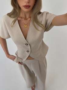 Aloruh 杏色短袖西装外套 + 直筒裤 优雅通勤两件套 - 杏色 - 查看 7