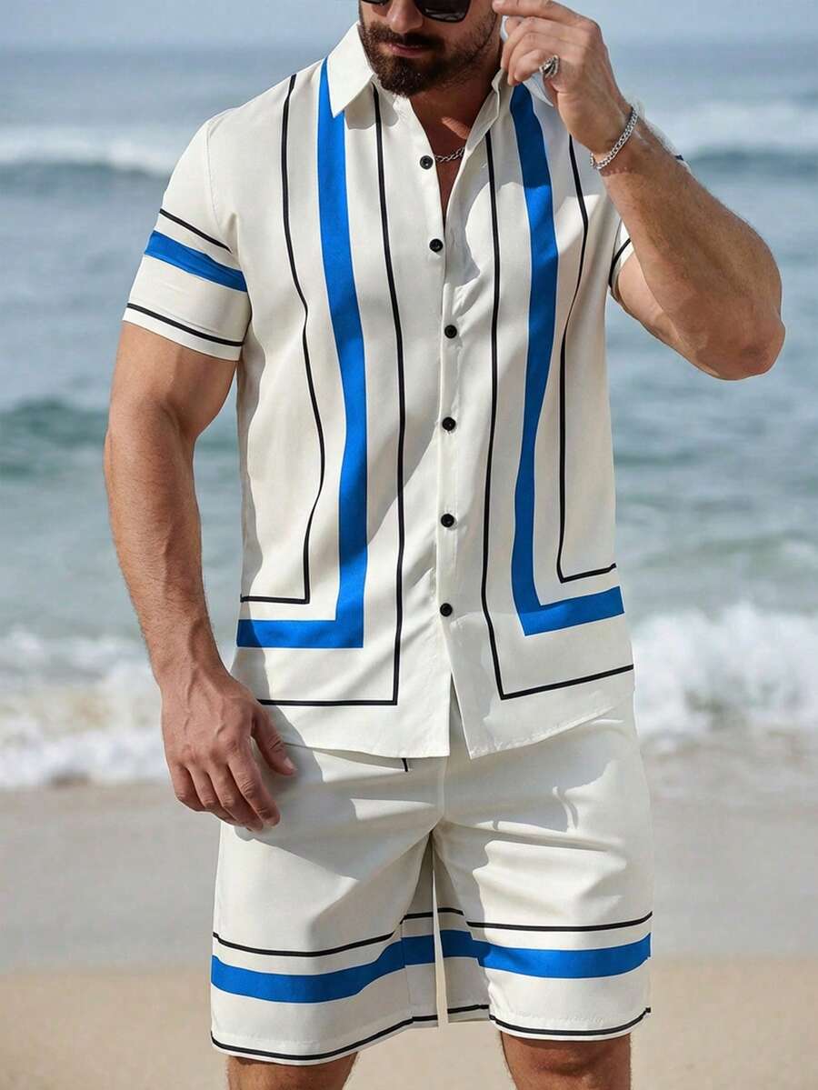 VENTUSAIL Áo sơ mi nam tay ngắn, hàng khuy đơn, họa tiết sọc mùa hè - Nhiều màu - Xem 1