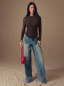 SHEIN BAE Áo thun nữ dài tay ôm dáng, màu trơn, xếp ly. - Cà phê nâu - Xem 4