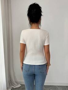 SHEIN Elenzya Elegant Romantic Vacation & Commute Oblique Collar Textured Cream Yellow Women T-Shirt Sexy White Top Cute White Top White Top Women White Y2k Top White Knit Top White Short Sleeve Top - Apricot - View 2