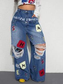 ROMWE Street Life Spring/Summer Casual Graphic Y2K Casual Street Style Pocket Embroidery Design Dual Waistband Loose Fit Denim Jeans - Blue - View 5