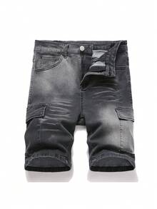 SHEIN Teen Boy Fashion Homecoming Streetwear Mix And Match Versatile Design Y2k Vintage Cool Street Comfortable Pocket Design And Gradient Street Fashion Design Tight Denim Shorts For Teen Boy Clothes Teen Boy Dailywear And Teen Boy Spring To Summer Rave Outfits Festival And Outfits Streetwear Clothes Homecoming - Grey - View 7