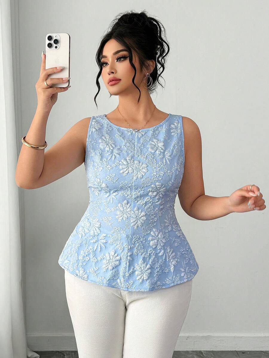 Elenzga Áo kiểu không tay hở lưng xếp nếp dành cho nữ cỡ lớn Elenzya, kiểu dáng thời trang, thanh lịch, cổ điển hiện đại, chất liệu vải jacquard dệt họa tiết. - Màu xanh lam - Xem 1