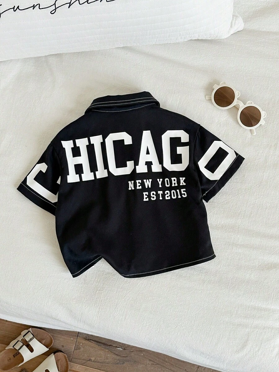 SHEIN 男婴休闲可爱街头时尚百搭黑色字母印花短袖衬衫，夏季 - 彩色 - 查看 1