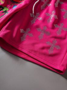 ROMWE MEN Men's Cross & Diamond Print Loose Shorts, Spring/Summer - Hot Pink - View 4