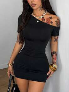 Coolane Váy ngắn tay cổ bất đối xứng co giãn thoải mái, phong cách Y2K, tối giản, mặc hàng ngày, phù hợp mọi mùa, dành cho nữ - màu đen - Xem 1