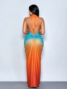 SOLERSUN Women's Spring/Summer Fashion Casual Elegant Vacation Beach Music Festival V-Neck Elastic Elegant Fashionable Long Dress For Women Deep V Dress Ombre Dress Plunge Dress Halter Neck Dress Blue Maxi Dress Summer Sleeveless Printed Dress Beach Vacation Dress - Orange - View 2