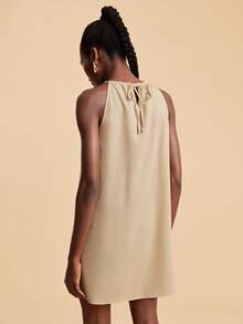 Travachic 贝壳装饰亚麻纯色无袖休闲度假连衣裙，适合假日、约会、下午茶、度假、音乐节、波西米亚风、夏季连衣裙、女士海滩度假装扮，亚麻材质，沙滩 - 杏色 - 查看 3