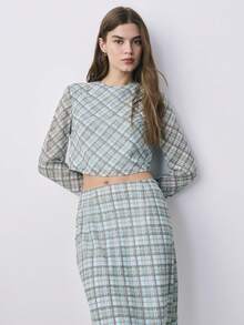 Nöista Two Pieces Outfit, A Long-Sleeve Crop Top And A High-Waisted, Midi Skirt In Blue And Brown Plaid Pattern. Spring, Summer Set, Outfit, Co-Coords. - Green - View 1