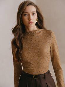 Anewsta Áo thun dài tay nữ thanh lịch họa tiết chấm bi hoa ren, chất liệu co giãn, thích hợp cho các bữa tiệc mùa xuân và ngày Valentine. - màu nâu - Xem 3