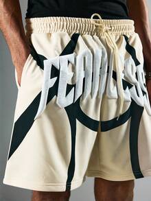 ROMWE MEN Street Life Pantalones cortos casuales para hombres con bolsillo, cintura con cordón y espuma - Beis - Ver 2