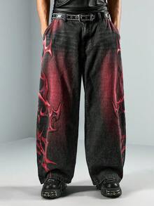 ROMWE MEN Street Life 男士红黑相间荆棘口袋宽松牛仔裤 - 黑色 - 查看 5