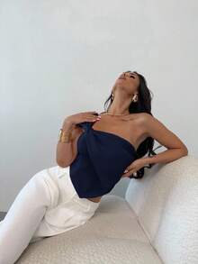 Firerie 女士优雅纯色不对称蝴蝶结衬衫，露肩衬衫/浅粉色上衣，适合办公室/商务洽谈和休闲场合/下午茶/闺蜜聚会/购物/女士夏季服装/欧洲夏季//教师装/乡村风女装/可爱夏季上衣 - 藏蓝色 - 查看 7