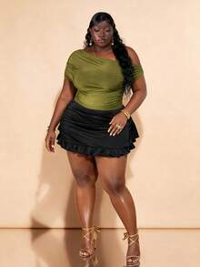 CurvyTilda 大码女式露肩短袖T恤 - 軍綠色 - 查看 4