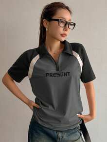 DAZY Camiseta feminina de verão com estampa de letras em blocos de cores e manga curta grande, camiseta de jersey, camisetas gráficas