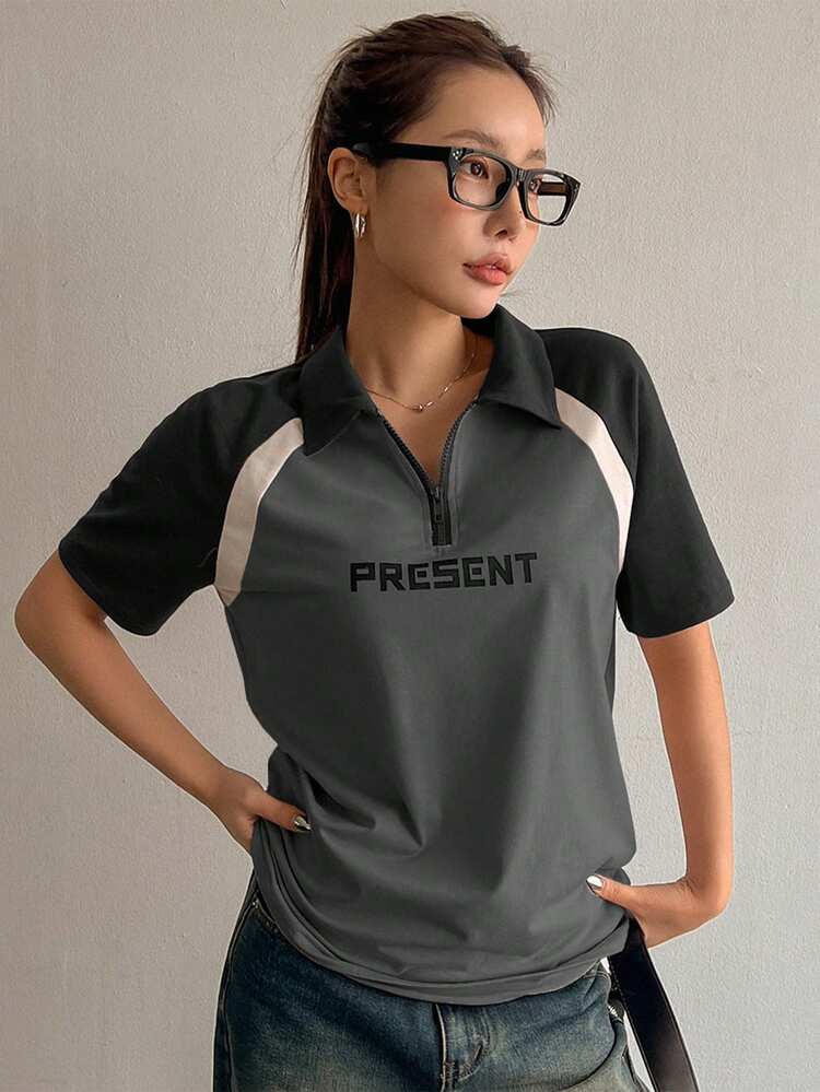 Women's Summer Color-Blocked Letter Print Oversized Short Sleeve T-Shirt Jersey,Graphic Tees