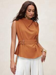 Aveloria Modichic Women's Fashion High Collar Asymmetric Gathered Shoulder Sleeveless Mustard Yellow Blouse Shirt With Adjustable Waist - Orange - View 7