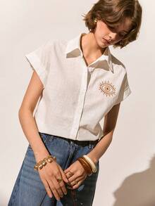 Poéselle 女士棉质衬衫，绣有邪眼图案，亚麻混纺短款衬衫；女士短袖纽扣夏季衬衫，饰有邪眼图案；白色短款衬衫；刺绣衬衫；纽扣开襟；波西米亚风夏季上衣；宽松短款衬衫；简约美学；休闲时尚衬衫，眼睛印花，纽扣前襟，休闲百搭短袖衬衫 - 白色 - 查看 6