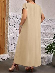 EMERY ROSE Plus Size Women's Casual Vacation Style Solid Color Batwing Short Sleeve Loose Dress - Khaki - View 2