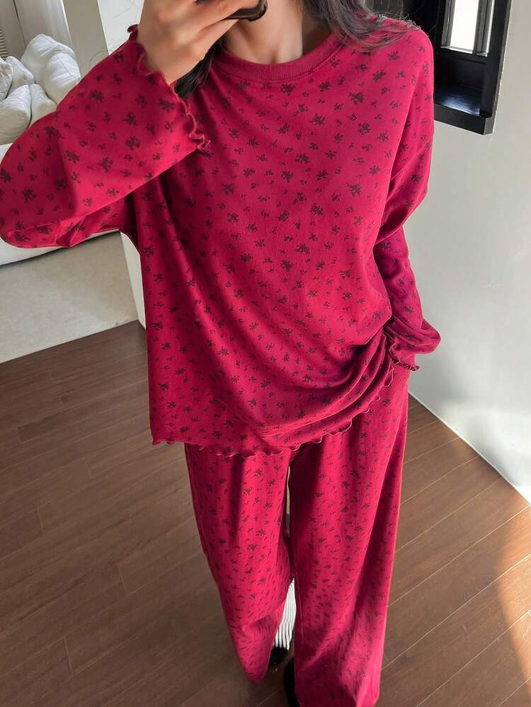 2pcs Women Ditsy Floral Loose Comfortable Long Sleeve Pajama Set, Autumn/Winter