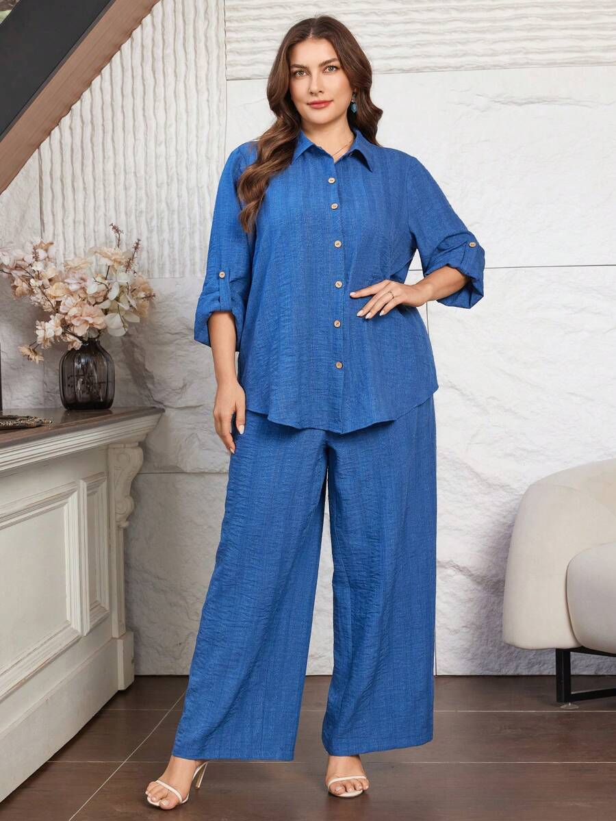 Lacomfia Women's Loose Long Sleeve Shirt And Wide Leg Pants Set, Comfortable Casual Jacquard Plus Size 2-Piece Outfit - Blue - View 1