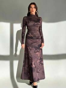 SHEIN Tall Đầm dài tay ôm dáng, màu nâu nhuộm hoa, thích hợp cho các sự kiện trang trọng, hẹn hò và trang phục thường ngày mùa xuân hè. - màu nâu - Xem 5