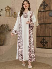 Al Najma Dubai Elegant Long Dress, Muslim Clothing, Printed Contrast Color Arabic Turkish Robe - Burgundy - View 6