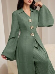 Veilorie Conjunto de 2 piezas de top elegante largo y pantalones de pierna ancha para mujer - Verde - Ver 1