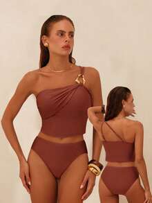 Swim Chiccia Stylish Rust 's Sleeveless Plain Tankini Top With Ring Detail And Matching Bikini Bottom - Rust Brown - View 1