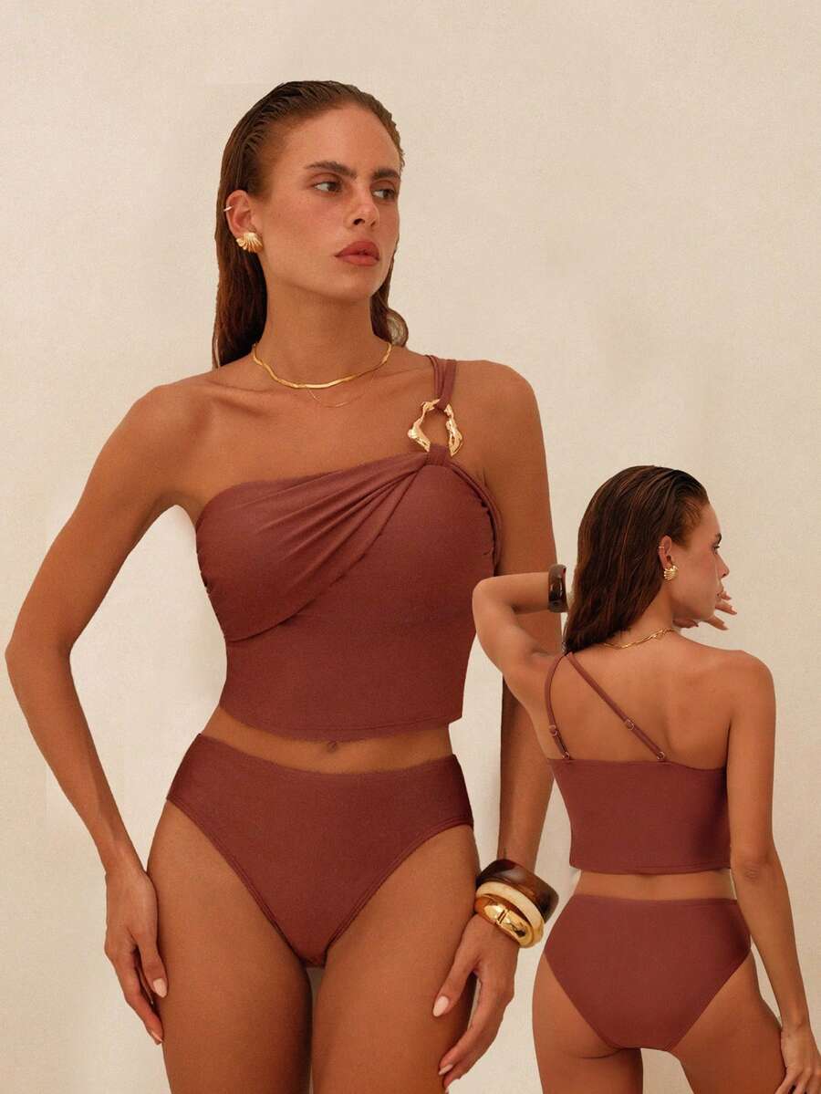 Swim Chiccia Stylish Rust 's Sleeveless Plain Tankini Top With Ring Detail And Matching Bikini Bottom - Rust Brown - View 1