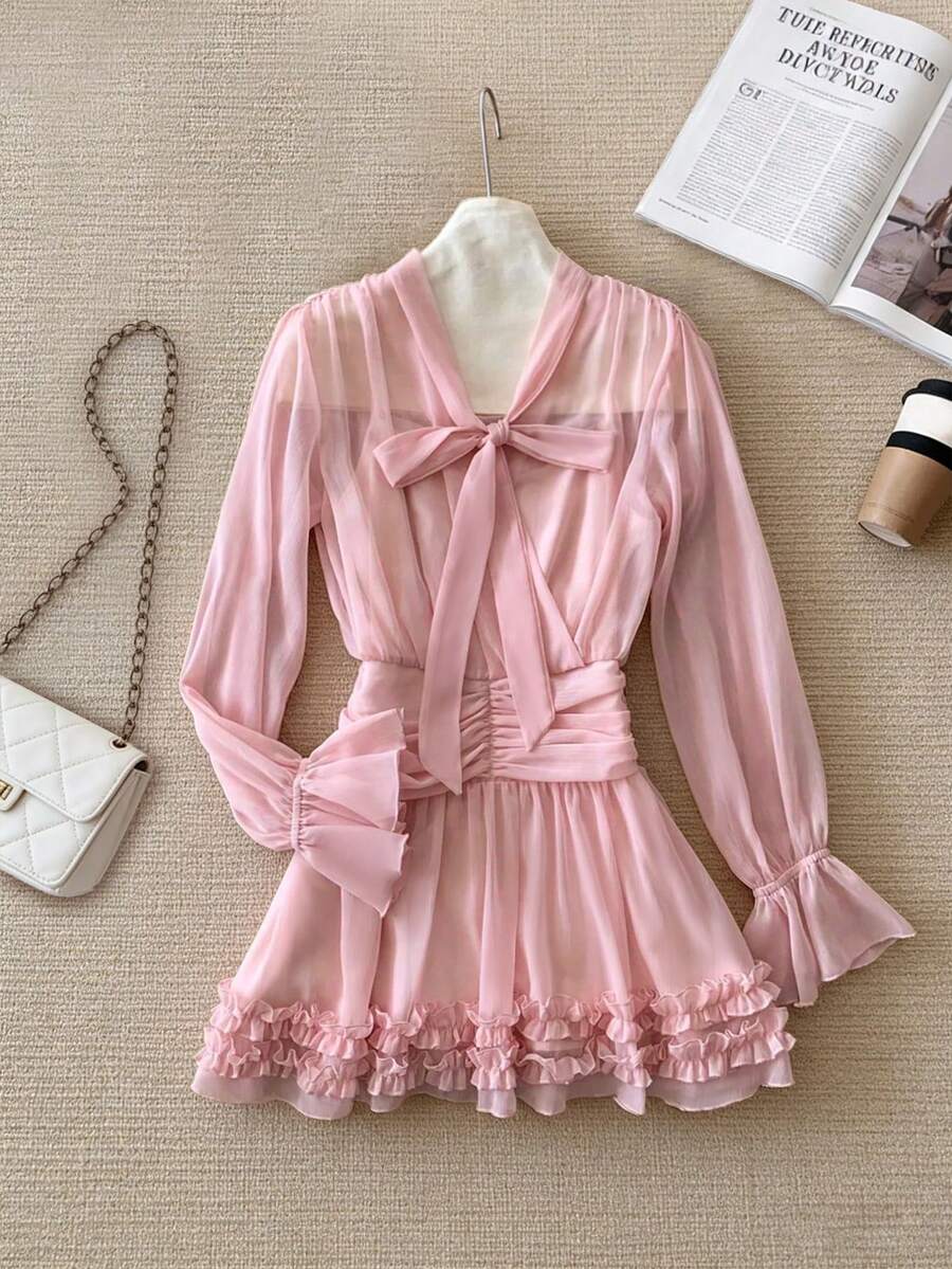 Franclia Women's Summer Chiffon Ruched Twist Collar Sheer Dress, Pink - Pink - View 1