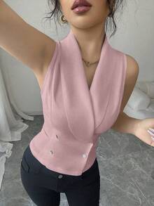 Elenzga Áo sơ mi nữ không tay thanh lịch, thời trang, cổ tròn, cài cúc phía trước, có túi, thắt eo, xẻ tà phía trước, phối màu đen trắng, viền tương phản ở cổ áo, tay áo và gấu áo. - Hồng - Xem 5