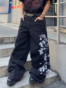 ROMWE MEN Men's Floral Embroidery Pattern Loose Fit Jeans - Black - View 3