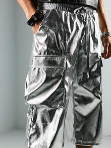 ROMWE MEN Street Life Men's Fashionable Shiny Silver 7-Inch Cargo Shorts, Summer - Silver - View 2