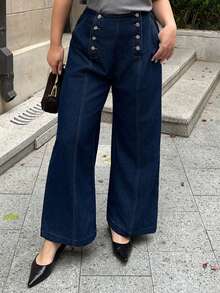 Dazy Plus Washed Dark Blue High Waist Double-Breasted Loose Straight Leg Long Jeans, Elegant For Commuting