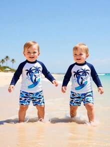 SHEIN Bộ đồ bơi 2 mảnh cho bé trai, gồm áo tay dài raglan in hình cua dễ thương và quần short kẻ sọc, thích hợp cho mùa hè ở bãi biển, hồ bơi, bơi lội, công viên nước, lướt sóng. - Nhiều màu - Xem 5