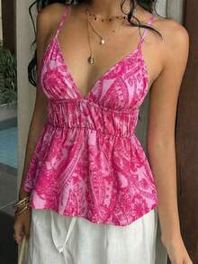 Sunnyshic Áo hai dây nữ mùa hè, phong cách boho, họa tiết, hở lưng, viền bèo nhún, kiểu dáng thường ngày. - Màu Hồng Tươi - Xem 6