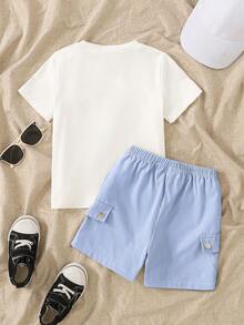 SHEIN Genkimix Kids Setelan Kaos Lengan Pendek dan Celana Pendek Kasual Musim Panas untuk Anak Laki-Laki - Baby Blue - View 2