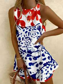 INAWLY 女士豹纹圆领休闲无袖迷你连衣裙 - 彩色 - 查看 1