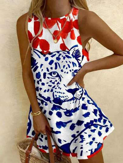 Vaclyn Women's Leopard Print Round Neck Casual Sleeveless Mini Dress