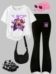 2pcs/Set Tween Girl K-Pop Idol Print Crew Neck Short Sleeve T-Shirt & Black Flare Pants Outfit - Black and White - View 2